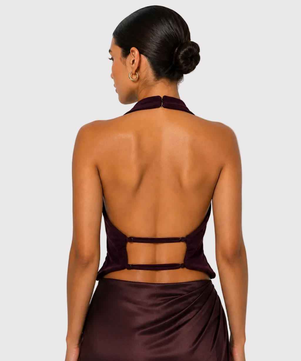 Drapey Crepe Halter Neck Ruched Open Back Top
