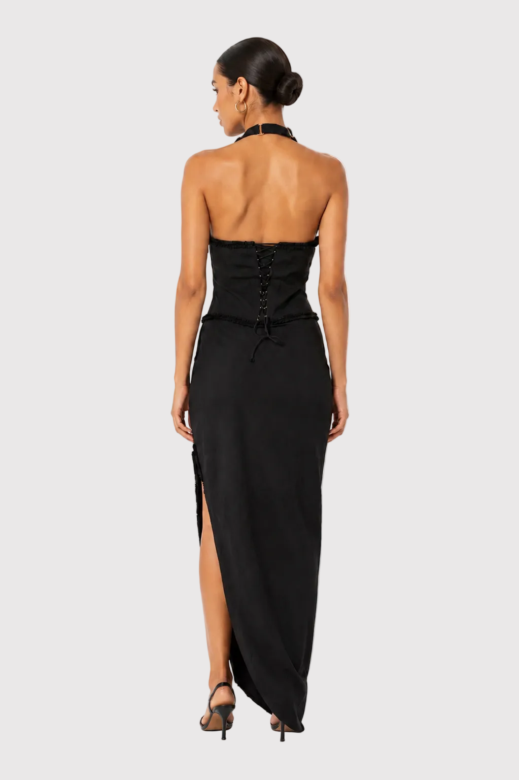 Rochie lungă tip corset, cu șiret, cu guler tip halter