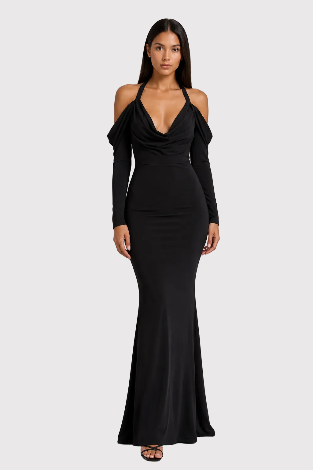 Plunge-Neck Long-Sleeve Maxi Dress